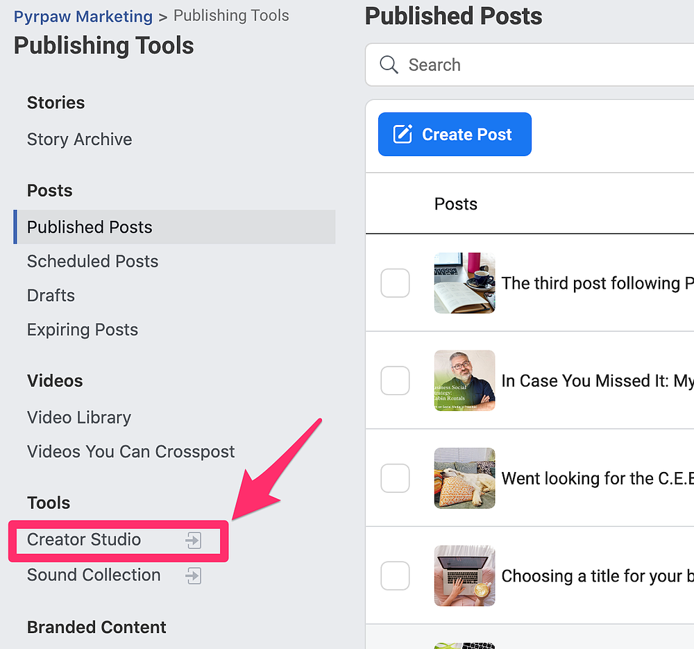 Facebook publishing tools menu page