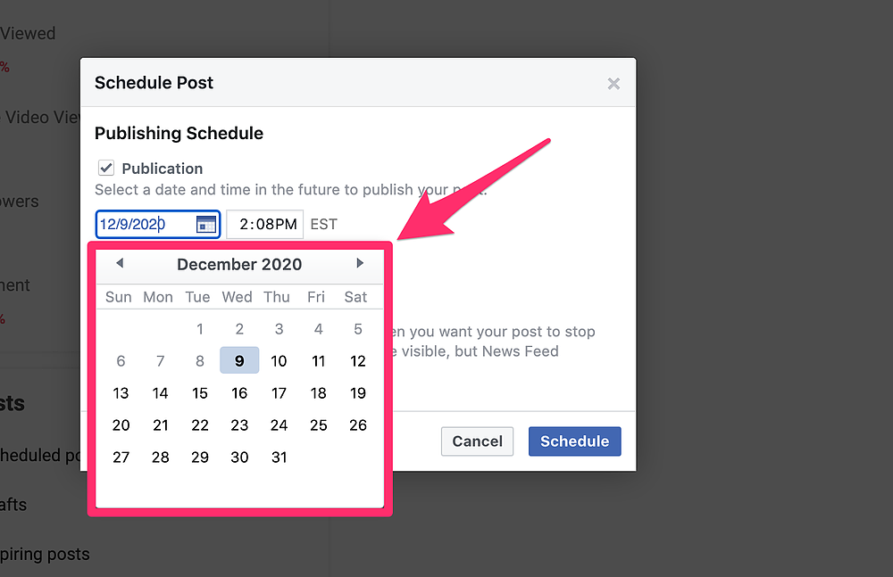 Facebook post scheduling calendar view