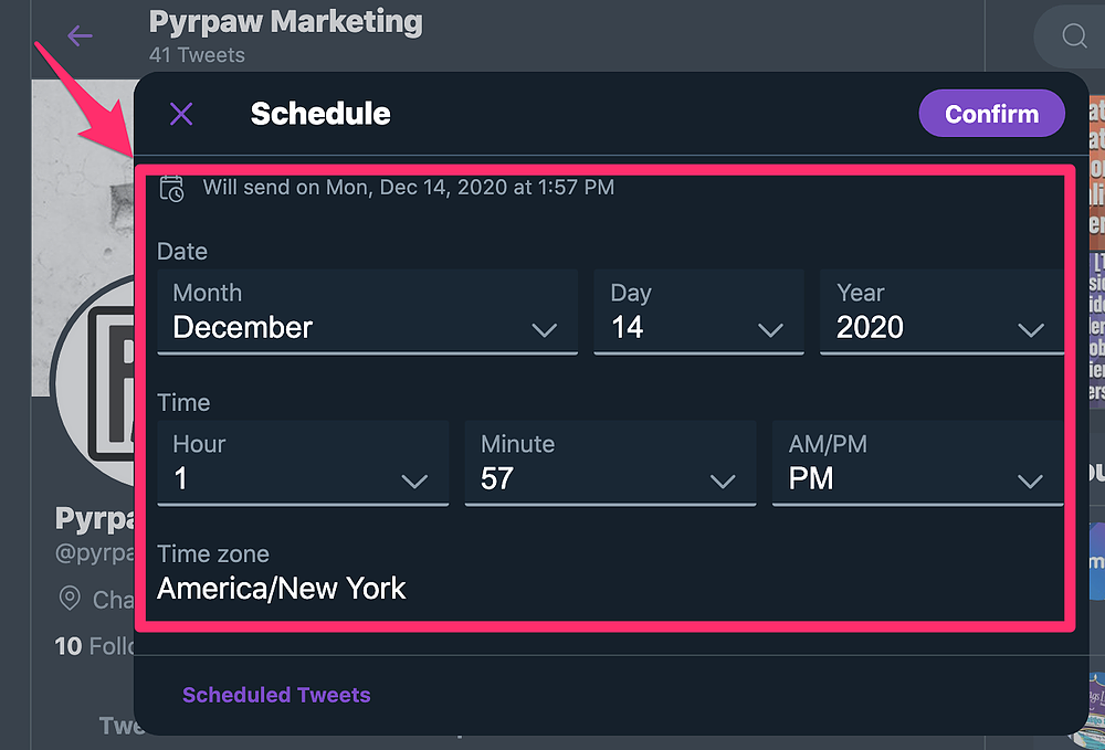 Twitter scheduling options window