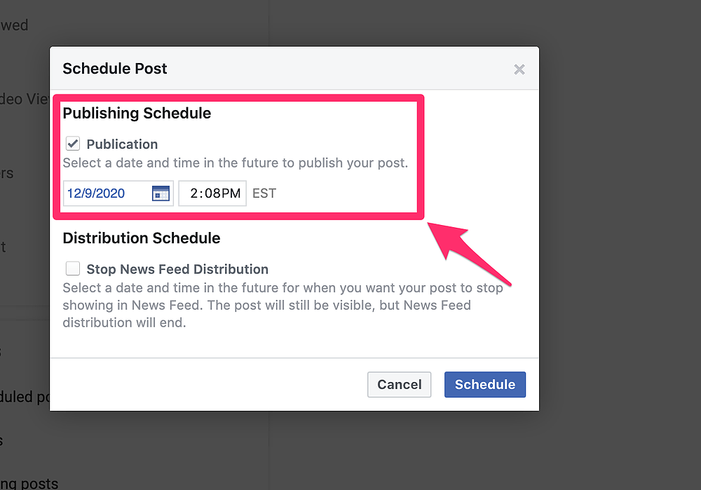 Facebook post scheduling calendar menu